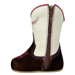 Bota Texana Infantil Baby Caminhos Da Roça Couro Nobuck Café Cano Cru E Bordado Pink Ref:CB 06