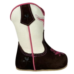 Bota Texana Infantil Baby Caminhos Da Roça Couro Nobuck Café Cano Cru E Bordado Pink Ref:CB 06