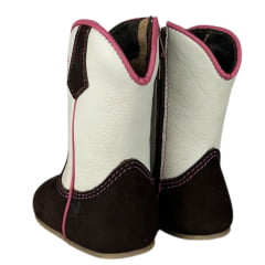 Bota Texana Infantil Baby Caminhos Da Roça Couro Nobuck Café Cano Cru E Bordado Pink Ref:CB 06