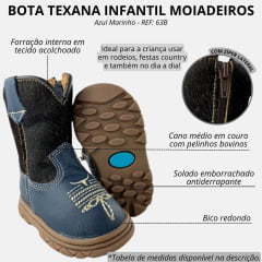 Bota Texana Infantil Bebê Moiadeiros Couro Napa Azul Marinho Cano Pelo REF: 63B