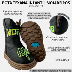 Bota Texana Infantil Bebê Moiadeiros Couro Napa Flex Preto/Verde Neon - REF: 51B