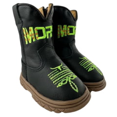 Bota Texana Infantil Bebê Moiadeiros Couro Napa Flex Preto/Verde Neon - REF: 51B
