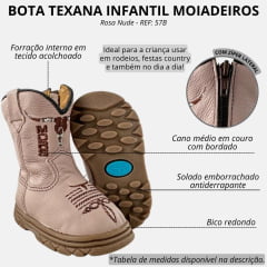 Bota Texana Infantil Bebê Moiadeiros Couro Napa Flex Rosa Nude- REF: 57B