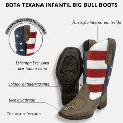 Bota Texana Infantil Big Bull Boots Couro Crazy Com Bordado Cano USA Com Zíper Ref:900