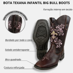 Bota Texana Infantil Big Bull Boots Couro Fóssil /Cela Com Bordado Cano Em Rosa Ref:900-330