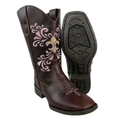 Bota Texana Infantil Big Bull Boots Couro Fóssil /Cela Com Bordado Cano Em Rosa Ref:900-330