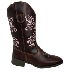 Bota Texana Infantil Big Bull Boots Couro Fóssil /Cela Com Bordado Cano Em Rosa Ref:900-330