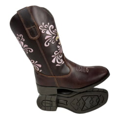 Bota Texana Infantil Big Bull Boots Couro Fóssil /Cela Com Bordado Cano Em Rosa Ref:900-330