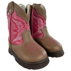 Bota Texana Infantil Big Bull Boots Cappucino e Rosa Bordado Ref: 39B
