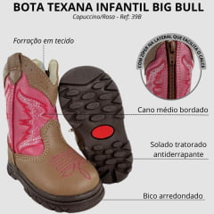 Bota Texana Infantil Big Bull Boots Cappucino e Rosa Bordado Ref: 39B