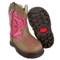 Bota Texana Infantil Big Bull Boots Cappucino e Rosa Bordado Ref: 39B