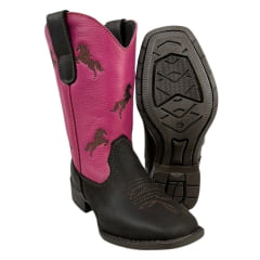 Bota Texana Infantil Big Bull Boots Couro Burnet/Pink Com Bordado Cano Cavalinho Marrom Bico Quadrado Com Zíper Ref.900