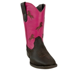 Bota Texana Infantil Big Bull Boots Couro Burnet/Pink Com Bordado Cano Cavalinho Marrom Bico Quadrado Com Zíper Ref.900