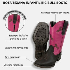 Bota Texana Infantil Big Bull Boots Couro Burnet/Pink Com Bordado Cano Cavalinho Marrom Bico Quadrado Com Zíper Ref.900