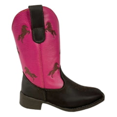 Bota Texana Infantil Big Bull Boots Couro Burnet/Pink Com Bordado Cano Cavalinho Marrom Bico Quadrado Com Zíper Ref.900