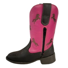 Bota Texana Infantil Big Bull Boots Couro Burnet/Pink Com Bordado Cano Cavalinho Marrom Bico Quadrado Com Zíper Ref.900