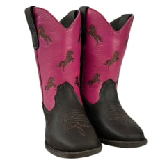 Bota Texana Infantil Big Bull Boots Couro Burnet/Pink Com Bordado Cano Cavalinho Marrom Bico Quadrado Com Zíper Ref.900