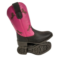 Bota Texana Infantil Big Bull Boots Couro Burnet/Pink Com Bordado Cano Cavalinho Marrom Bico Quadrado Com Zíper Ref.900