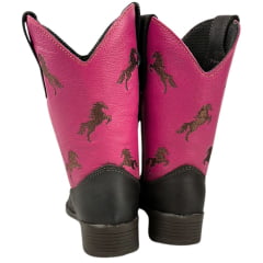 Bota Texana Infantil Big Bull Boots Couro Burnet/Pink Com Bordado Cano Cavalinho Marrom Bico Quadrado Com Zíper Ref.900