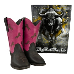 Bota Texana Infantil Big Bull Boots Couro Burnet/Pink Com Bordado Cano Cavalinho Marrom Bico Quadrado Com Zíper Ref.900