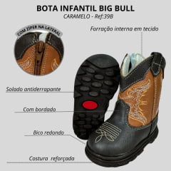 Bota Texana Infantil Big Bull Boots Couro Café/Caramelo Com Zíper Ref:39B