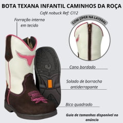 Bota Texana Infantil Caminhos Da Roça Bico Quadrado Com Zíper Couro Nobuck Café Cano Cru Com Bordado Pink Ref:CI12