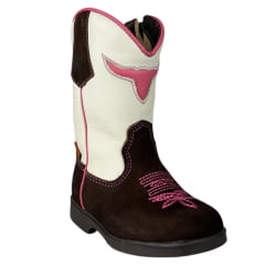 Bota Texana Infantil Caminhos Da Roça Bico Quadrado Com Zíper Couro Nobuck Café Cano Cru Com Bordado Pink Ref:CI12