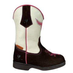 Bota Texana Infantil Caminhos Da Roça Bico Quadrado Com Zíper Couro Nobuck Café Cano Cru Com Bordado Pink Ref:CI12