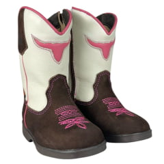 Bota Texana Infantil Caminhos Da Roça Bico Quadrado Com Zíper Couro Nobuck Café Cano Cru Com Bordado Pink Ref:CI12