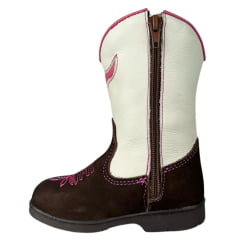 Bota Texana Infantil Caminhos Da Roça Bico Quadrado Com Zíper Couro Nobuck Café Cano Cru Com Bordado Pink Ref:CI12