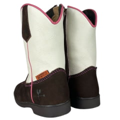 Bota Texana Infantil Caminhos Da Roça Bico Quadrado Com Zíper Couro Nobuck Café Cano Cru Com Bordado Pink Ref:CI12