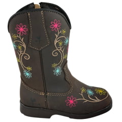 Bota Texana Infantil Caminhos Da Roça Bico Quadrado Couro Café Bordado Flores Ref:Cl98