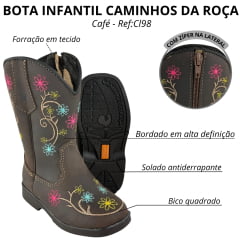 Bota Texana Infantil Caminhos Da Roça Bico Quadrado Couro Café Bordado Flores Ref:Cl98