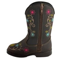 Bota Texana Infantil Caminhos Da Roça Bico Quadrado Couro Café Bordado Flores Ref:Cl98