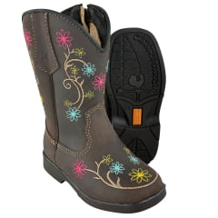 Bota Texana Infantil Caminhos Da Roça Bico Quadrado Couro Café Bordado Flores Ref:Cl98