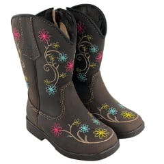 Bota Texana Infantil Caminhos Da Roça Bico Quadrado Couro Café Bordado Flores Ref:Cl98