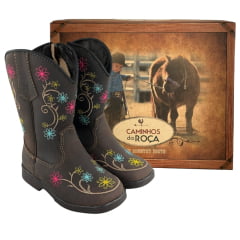 Bota Texana Infantil Caminhos Da Roça Bico Quadrado Couro Café Bordado Flores Ref:Cl98