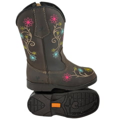 Bota Texana Infantil Caminhos Da Roça Bico Quadrado Couro Café Bordado Flores Ref:Cl98