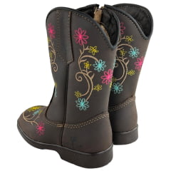 Bota Texana Infantil Caminhos Da Roça Bico Quadrado Couro Café Bordado Flores Ref:Cl98