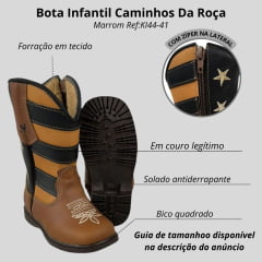 Bota Texana Infantil Caminhos Da Roça Bico Quadrado Couro Caramelo Cano Café Com Bordado Estrelas Ref:KI44-4