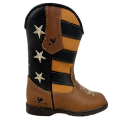 Bota Texana Infantil Caminhos Da Roça Bico Quadrado Couro Caramelo Cano Café Com Bordado Estrelas Ref:KI44-4