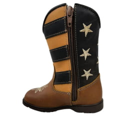 Bota Texana Infantil Caminhos Da Roça Bico Quadrado Couro Caramelo Cano Café Com Bordado Estrelas Ref:KI44-4