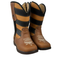 Bota Texana Infantil Caminhos Da Roça Bico Quadrado Couro Caramelo Cano Café Com Bordado Estrelas Ref:KI44-4