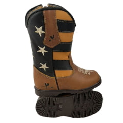 Bota Texana Infantil Caminhos Da Roça Bico Quadrado Couro Caramelo Cano Café Com Bordado Estrelas Ref:KI44-4