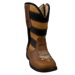 Bota Texana Infantil Caminhos Da Roça Bico Quadrado Couro Caramelo Cano Café Com Bordado Estrelas Ref:KI44-4