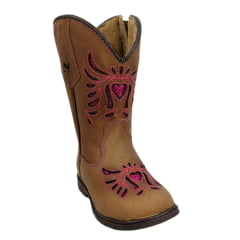 Bota Texana Infantil Caminhos da Roça Bico Quadrado Couro Caramelo/Pink Com Zíper e Bordado em Relevo Pink Ref.M123