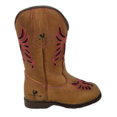 Bota Texana Infantil Caminhos da Roça Bico Quadrado Couro Caramelo/Pink Com Zíper e Bordado em Relevo Pink Ref.M123