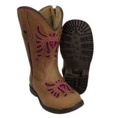 Bota Texana Infantil Caminhos da Roça Bico Quadrado Couro Caramelo/Pink Com Zíper e Bordado em Relevo Pink Ref.M123