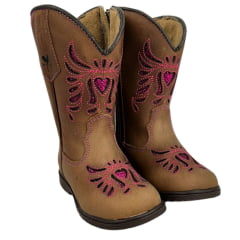 Bota Texana Infantil Caminhos da Roça Bico Quadrado Couro Caramelo/Pink Com Zíper e Bordado em Relevo Pink Ref.M123