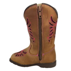 Bota Texana Infantil Caminhos da Roça Bico Quadrado Couro Caramelo/Pink Com Zíper e Bordado em Relevo Pink Ref.M123